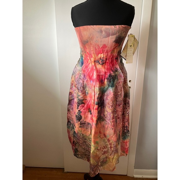 Lapis Dress Autumn Floral Print Strapless Pleated Pink One Size Midi Casual - Picture 1 of 4